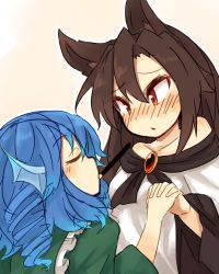 Rule 34 | 2girls, animal ears, blue hair, blush, breasts, brooch, brown hair, closed eyes, collarbone, dress, female focus, fins, food, gradient background, head fins, imaizumi kagerou, japanese clothes, jewelry, kaginoni, long hair, looking at another, mermaid, monster girl, mouth hold, multiple girls, off-shoulder shirt, off shoulder, open mouth, pocky, pocky kiss, red eyes, shared food, sharing food, shirt, short hair, small breasts, touhou, wakasagihime, white background, wolf ears, yuri