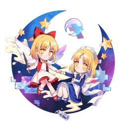 Rule 34 | 2girls, angel wings, apron, back bow, blonde hair, blue dress, blue footwear, blush, bobby socks, bottle, bow, bowtie, chibi, commentary, crescent moon, dress, feathered wings, frilled dress, frills, gengetsu (touhou), grin, hair bow, holding, holding hands, holding knife, knife, long sleeves, maid headdress, mary janes, milk bottle, moon, mugetsu (touhou), multiple girls, open clothes, open vest, pantyhose, red bow, red footwear, red vest, ribbon, shoes, short hair, siblings, sisters, smile, socks, star (symbol), touhou, touhou (pc-98), vest, white apron, white bow, white dress, white legwear, white wings, wings, yellow bow, yellow bowtie, yellow eyes, yellow ribbon, yorktown cv-5
