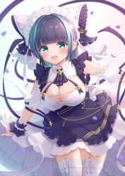 Rule 34 | 1girl, :d, aqua hair, aqua nails, azur lane, bad id, bad pixiv id, black hair, blunt bangs, blurry, blurry background, blush, bow, breasts, cheshire (azur lane), cleavage, cleavage cutout, clothing cutout, commentary request, cowboy shot, detached sleeves, fangs, frilled bow, frills, garter straps, gold trim, gradient background, green eyes, hair bow, large breasts, leaning forward, long ribbon, looking at viewer, maid headdress, mikaze oto, multicolored hair, nail polish, open mouth, outstretched arms, petals, short hair, simple background, smile, solo, standing, streaked hair, thighhighs, white background, white thighhighs, wrist cuffs, wrist guards