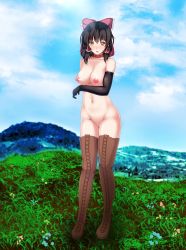 Rule 34 | 1girl, black gloves, blue sky, boots, bow, brown eyes, brown footwear, brown hair, choker, collar, elbow gloves, exhibitionism, frilled bow, frills, gloves, grass, hair bow, hair tubes, hakurei reimu, hill, leather choker, long glove, medium hair, nude, outdoors, public indecency, red bow, red choker, ribbon, short hair, sidelocks, sky, slave, solo, thigh boots, thighhighs, toraoto, touhou