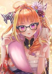 Rule 34 | 1girl, ahoge, arms up, black-framed eyewear, blunt bangs, blurry, bokeh, bow, breasts, cleavage, commentary, cup, depth of field, detached collar, diagonal-striped bow, drinking glass, english commentary, fangs, fingernails, floral print, flower, fur collar, glasses, gradient background, hair flower, hair ornament, hand in own hair, head tilt, highres, holding, holding cup, hololive, horn ornament, horn ribbon, horns, japanese clothes, kimgaby, kimono, kiryu coco, kiryu coco (new year), large breasts, lips, looking at viewer, mixed-language commentary, multicolored hair, nail polish, off shoulder, orange hair, parted lips, purple eyes, ribbon, sarashi, skin fangs, solo, streaked hair, virtual youtuber, wine glass