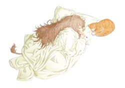 Rule 34 | 1girl, absurdres, animal, animal ears, bigxixi, blanket, blush, brown hair, cat, cellphone, closed eyes, from above, full body, highres, lion ears, lion girl, lion tail, long hair, lying, on side, original, phone, pillow, profile, simple background, solo, tail, very long hair, white background