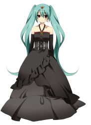 Rule 34 | 1girl, aqua hair, bad id, bad pixiv id, bare shoulders, dress, earrings, elbow gloves, gloves, hatsune miku, highres, ichinose yukino, jewelry, long hair, red eyes, sacred blood (vocaloid), simple background, solo, twintails, very long hair, vocaloid, white background