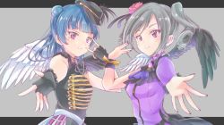 Rule 34 | asymmetrical wings, blouse, blunt bangs, crossover, fingerless gloves, flower, gloves, grey background, hair bun, hair flower, hair ornament, highres, idolmaster, idolmaster cinderella girls, kanzaki ranko, love live!, love live! sunshine!!, mismatched wings, omoi seiji, outstretched arms, rose, shirt, simple background, single hair bun, sleeveless, sleeveless shirt, tsushima yoshiko, two-tone background