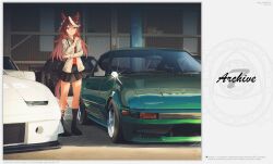 Rule 34 | 1girl, absurdres, animal ears, bag, black bag, black car, black footwear, black skirt, black socks, brown hair, car, commentary, earrings, english commentary, english text, full body, garage, green car, handbag, hands up, highres, horse ears, horse girl, horse tail, jacket, jewelry, long sleeves, looking at viewer, mazda, mazda rx-7, mazda rx-7 fb, medium hair, messy hair, miniskirt, motor vehicle, multicolored hair, nissan fairlady z, pleated skirt, purple eyes, red shirt, run rotary, shirt, shoes, skirt, smile, socks, solo, sports car, standing, symboli rudolf (umamusume), tail, two-tone hair, umamusume, vehicle focus, white car, white hair, white jacket