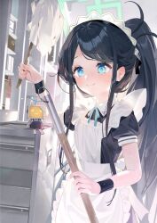 Rule 34 | &lt;key&gt; (robot) (blue archive), 1girl, absurdly long hair, apron, aris (blue archive), aris (maid) (blue archive), armband, black hair, blue archive, blue eyes, blunt bangs, blurry, commentary request, depth of field, duster, forehead, frilled apron, frills, halo, highres, holding, holding duster, holding stick, karasu-san (syh3iua83), long hair, looking at viewer, maid, maid apron, maid headdress, official alternate costume, robot, short sleeves, sidelocks, smile, solo, stick, very long hair, white apron