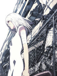 Rule 34 | 1girl, bandaged arm, bandages, chain-link fence, fence, from side, highres, iwai ryou, long hair, original, purple hair, ruins, solo, white hair