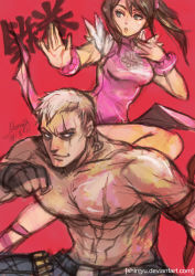 Rule 34 | 1boy, 1girl, abs, bangle, bracelet, bryan fury, china dress, chinese clothes, dress, fighting stance, fingerless gloves, gloves, jewelry, ling xiaoyu, manly, moogie (shinjyu), red background, scar, short hair, silver hair, tekken, tekken tag tournament 2, topless male, twintails