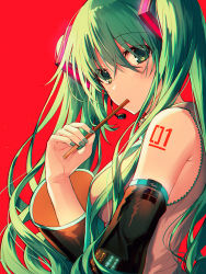 Rule 34 | 1girl, aqua eyes, aqua hair, aqua nails, bad id, bad pixiv id, bare shoulders, breasts, detached sleeves, eating, grey shirt, hair between eyes, hair ornament, hand up, hatsune miku, kh (kh 1128), long hair, long sleeves, looking at viewer, looking to the side, medium breasts, mouth hold, nail polish, red background, shirt, simple background, solo, tattoo, twintails, upper body, vocaloid