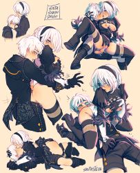 1boy 1girl 2b_(nier:automata) 9s_(nier:automata) absurdres ass bad_id bad_pixiv_id between_breasts breasts buttjob clothed_sex clothing_aside head_between_breasts hetero highres huge_filesize kiss leotard leotard_aside nier:automata nier_(series) nipples penis reverse_upright_straddle sequential sex sex_from_behind short_hair silver_hair simple_background sintastein sitting sitting_on_face sitting_on_person thighhighs vaginal