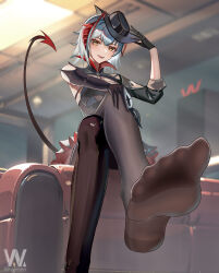 Rule 34 | 1girl, absurdres, arknights, blush, bm (bm364364), crossed legs, demon tail, feet, hand on own knee, hat, highres, looking at viewer, medium hair, multicolored hair, open mouth, pantyhose, silver hair, sitting, soles, streaked hair, tail, w (arknights), w (wanted) (arknights), yellow eyes