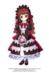 Rule 34 | 1girl, arksign, azuki (arksign), bonnet, bow, brooch, brown eyes, brown hair, dress, frills, full body, gothic lolita, hairband, high heels, highres, jewelry, kimura shigetaka, lolita fashion, lolita hairband, long hair, official art, own hands together, ribbon, shoes, simple background, smile, solo, wavy hair, white background