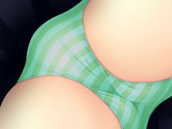 Rule 34 | 1girl, alternate color, ass, black background, cameltoe, close-up, dutch angle, fat mons, from below, game cg, green panties, green theme, onigirikun, panties, pantyshot, pastel chime, pastel chime continue, simple background, solo, striped clothes, striped panties, thighs, third-party edit, trefoil, underwear, underwear only, upskirt