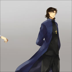 Rule 34 | 1boy, amakura (am as), brown hair, cheekbones, cross, fate/stay night, fate/zero, fate (series), grey background, jewelry, kotomine kirei, long coat, male focus, necklace, reaching, simple background, solo