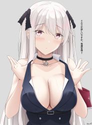Rule 34 | 1girl, armband, bare arms, bare shoulders, belt, black choker, black shirt, breasts, choker, cleavage, collarbone, girls&#039; frontline, grey background, hair ribbon, hands up, highres, kar98k (girls&#039; frontline), keenh, large breasts, long hair, looking at viewer, pink eyes, ribbon, shirt, simple background, sleeveless, sleeveless shirt, solo, sweat, translation request, upper body, white hair