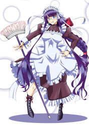 Rule 34 | 1girl, alternate costume, alternate hairstyle, apron, bespectacled, blue eyes, blunt bangs, boots, braid, breasts, broom, brown dress, dress, earrings, enmaided, fate/grand order, fate (series), frilled apron, frilled dress, frills, full body, glasses, high heel boots, high heels, highres, holding, holding broom, hoop earrings, jewelry, juliet sleeves, large breasts, long hair, long sleeves, looking at viewer, maid, maid apron, martha (fate), puffy sleeves, purple hair, rofu get, sidelocks, smile, solo, standing, twin braids, very long hair, white apron