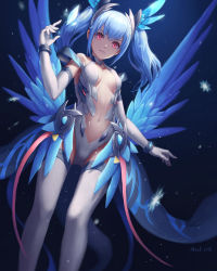 Rule 34 | 10s, 1girl, 2016, anivia, artist name, bare shoulders, blue background, blue hair, blue theme, bracer, breasts, center opening, elbow gloves, eyelashes, feathered wings, from below, gloves, head wings, highres, league of legends, legs apart, leotard, light particles, long hair, looking at viewer, magical girl, mool yueguang, motion blur, navel, parted lips, personification, red eyes, shade, sleeveless, small breasts, snowflakes, solo, stomach, tail, thighhighs, twintails, white gloves, white thighhighs, wings