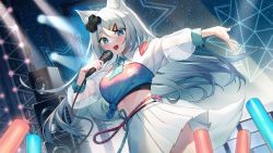 Rule 34 | 1girl, animal ear fluff, animal ears, blue necktie, blue shirt, blush, breasts, concert, d-pad, d-pad hair ornament, fang, fox ears, fox girl, fox tail, glowstick, grey hair, hair ornament, hairclip, hand up, highres, holding, holding microphone, illian-san, long hair, long sleeves, looking at viewer, medium breasts, meridian project, microphone, midriff, mizuki (vtuber), necktie, open mouth, outstretched arm, shirt, shrug (clothing), skin fang, skirt, smile, solo, speaker, stage, tail, tied shirt, virtual youtuber, white skirt