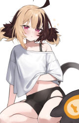 1girl :o ahoge arm_support bike_shorts black_shorts blush bra_strap brown_hair commentary english_commentary gigi_murin hair_between_eyes highres hip_vent hololive hololive_english hoshi_usagi huge_ahoge light_brown_hair looking_at_viewer multicolored_hair navel off_shoulder parted_lips pink_eyes scratching_stomach shirt short_sleeves shorts simple_background sitting sleepy solo squeans tail two-tone_hair two_side_up virtual_youtuber white_background white_shirt yokozuwari