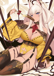 Rule 34 | 1girl, animal ear fluff, animal ears, banana, bare shoulders, bow, breasts, bridal gauntlets, brown gloves, brown nails, brown thighhighs, chocolate, chocolate banana, chocolate covered, chocolate on body, chocolate on breasts, cleavage, collar, collarbone, eating, food, food on body, fox ears, fruit, garter straps, gloves, highleg, highleg leotard, highres, holding, large breasts, leotard, long hair, long sleeves, looking at viewer, nail polish, off shoulder, original, purple eyes, red bow, red ribbon, ribbon, solo, thighhighs, thighs, valentine, white hair, wide sleeves, yaman, yellow leotard