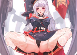 Rule 34 | 1girl, absurdres, arm behind back, azur lane, black gloves, black panties, blush, crotch, detached sleeves, elbow gloves, fishnet thighhighs, fishnets, gloves, hand in own hair, highres, long hair, looking at viewer, machinery, muteppona hito, open mouth, panties, purple eyes, revision, rigging, simple background, solo, split, thighhighs, underwear, uniform, white hair, yorck (azur lane)