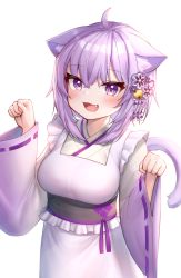 Rule 34 | 1girl, :3, :d, ahoge, animal ears, blush, breasts, cat ears, cat tail, deaver, fang, flower, hair flower, hair ornament, highres, hololive, japanese clothes, kimono, large breasts, nekomata okayu, nekomata okayu (new year), obi, open mouth, paw pose, purple eyes, purple hair, sash, simple background, smile, solo, tail, virtual youtuber, white background, wide sleeves