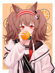 Rule 34 | 1girl, angelina (arknights), animal ear fluff, animal ears, arknights, bag, black shirt, blush, brown hair, coat, collar, collarbone, food, food-themed background, fox ears, fruit, hairband, highres, holding, holding food, holding fruit, infection monitor (arknights), long hair, long sleeves, looking at viewer, lxjun 09, nail polish, open clothes, open coat, orange (fruit), pink nails, red eyes, red hairband, shirt, shoulder bag, solo, twintails, upper body, white coat