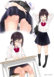 Rule 34 | 10s, 1girl, 2016, adjusting hair, alternate costume, ama mitsuki, arms behind head, arms up, ass, bag, bespectacled, black footwear, black panties, black pantyhose, black skirt, blouse, brown eyes, brown hair, casual, closed eyes, commentary request, contemporary, dated, desk, dress shirt, female focus, from below, fubuki (kancolle), full body, glasses, kantai collection, lips, loafers, looking down, mouth hold, multiple views, panties, panties under pantyhose, pantyhose, pantyshot, pleated skirt, ponytail, red-framed eyewear, school bag, school desk, school uniform, shirt, shoes, short ponytail, sidelocks, sitting, skirt, socks, standing, swept bangs, thighs, tying hair, underwear, uniform, white background, white shirt, writing