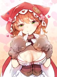 Rule 34 | 1girl, :3, absurdres, animal ears, animal hands, animal hood, apron, blush, braid, breasts, brown gloves, brown hair, cape, cleavage, closed mouth, commentary request, fake animal ears, frilled apron, frills, gloves, green eyes, hair between eyes, half-closed eyes, harigane shinshi, head tilt, heart, heart background, highres, hood, hood up, hooded cape, large breasts, looking at viewer, nijisanji, paw gloves, red cape, solo, suggestive fluid, twin braids, underbust, virtual youtuber, warabeda meiji, white apron, wolf paws