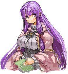 Rule 34 | 1girl, blush, breasts, eyebrows, large breasts, long hair, no headwear, patchouli knowledge, purple eyes, purple hair, sachito, simple background, sketch, solo, thick eyebrows, touhou, white background