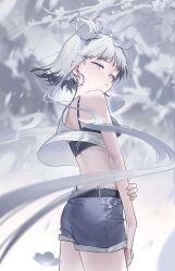 Rule 34 | 1girl, absurdres, bare shoulders, barefoot, branch, breasts, closed mouth, flower, grey eyes, grey flower, grey hair, gua61, hair ribbon, highres, looking at viewer, medium breasts, ofuda, original, outdoors, ribbon, short hair, short shorts, shorts, sleeveless, snowing, solo, white flower
