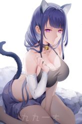 Rule 34 | 1girl, absurdres, animal ears, ass, bare shoulders, bell, breasts, cat ears, cat tail, cleavage, detached sleeves, expressionless, genshin impact, highres, long hair, looking at viewer, mole, mole under eye, neck bell, purple eyes, purple hair, rafael-m, raiden shogun, sitting, solo, tail, torn clothes, varus, wariza