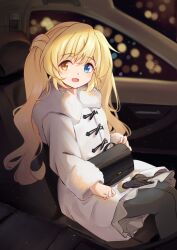 Rule 34 | 1girl, :d, aged up, alternate costume, arms at sides, bag, black bag, black gloves, black pantyhose, blonde hair, blue eyes, blurry, blurry background, blush, car interior, casual, coat, commentary, eyelashes, feet out of frame, fur-trimmed coat, fur-trimmed gloves, fur trim, gloves, unworn gloves, hair between eyes, handbag, happy, heterochromia, highres, light particles, long hair, looking at viewer, nakatsu shizuru, night, open mouth, pantyhose, rewrite, sitting, sleeves past wrists, smile, solo, tagame (tagamecat), twintails, very long hair, white coat, white fur, winter, yellow eyes