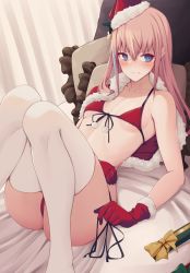 Rule 34 | 1girl, act (xadachit), blue eyes, blush, bra, breasts, closed mouth, collarbone, girls&#039; frontline, gloves, hat, highres, looking at viewer, panties, red bra, red gloves, red hat, red panties, santa hat, small breasts, solo, st ar-15 (girls&#039; frontline), thighhighs, thighs, underwear, white thighhighs
