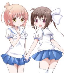 Rule 34 | 2girls, :d, :o, blue skirt, blush, bow, brown eyes, brown hair, commentary request, fang, hair between eyes, hair bow, heart, highres, ichinose hana, long hair, looking at viewer, looking back, momochi tamate, multiple girls, neckerchief, one side up, open mouth, parted lips, pleated skirt, puffy short sleeves, puffy sleeves, purple eyes, sailor collar, school uniform, serafuku, shika (s1ka), shirt, short sleeves, simple background, skirt, slow start, smile, standing, thighhighs, twintails, very long hair, white background, white bow, white legwear, white neckerchief, white sailor collar, white shirt, yellow eyes