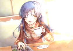 Rule 34 | 1girl, blue hair, blush, brown eyes, cup, drawing (object), drink, drinking glass, highres, holding, holding cup, idolmaster, idolmaster (classic), indoors, jewelry, kisaragi chihaya, long hair, long sleeves, one eye closed, open mouth, plaid, plaid shirt, plate, ring, saucer, shirt, sitting, smile, solo, spoon, sugar cube, sunlight, swept bangs, table, tea, teacup, teaspoon, window, yurine