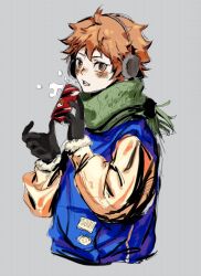 Rule 34 | 1boy, ahoge, black gloves, blue jacket, blush, can, commentary, cropped torso, earmuffs, fringe trim, fur-trimmed sleeves, fur trim, gloves, green scarf, grey background, grid background, haikyuu!!, hashtag-only commentary, highres, hinata shouyou, holding, holding can, jacket, long sleeves, male focus, messy hair, open mouth, orange eyes, orange hair, puffy long sleeves, puffy sleeves, scarf, short hair, simple background, smoke, solo, teeth, tuuuuuututu, white sleeves
