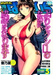 Rule 34 | 1girl, bikini, bikini under clothes, black hair, blue eyes, blush, breasts, coat, comic bangaichi, cover, cover page, covered erect nipples, curvy, female focus, half updo, highres, homare (fool&#039;s art), huge breasts, large breasts, long coat, long hair, looking at viewer, magazine cover, magazine scan, navel, one-piece swimsuit, open clothes, open coat, red one-piece swimsuit, scan, solo, swimsuit, swimsuit under clothes, toggles