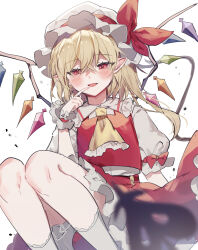 Rule 34 | 1girl, ascot, blonde hair, blush, collared shirt, fang, flandre scarlet, frilled sleeves, frills, hair between eyes, hat, highres, long hair, mob cap, one side up, open mouth, pointy ears, red eyes, red skirt, red vest, shirt, short sleeves, simple background, skirt, smile, socks, solo, sorani (kaeru0768), touhou, vest, white background, white hat, white shirt, white socks, wrist cuffs, yellow ascot