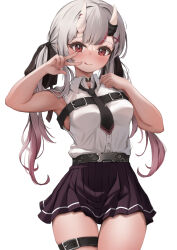 Rule 34 | 1girl, :3, :q, absurdres, belt, black necktie, black sleeves, breasts, colored tips, cowboy shot, grey hair, highres, hololive, horns, long hair, looking at viewer, medium breasts, multicolored hair, nakiri ayame, nakiri ayame (streetwear), necktie, pleated skirt, red hair, simple background, skin-covered horns, skirt, sleeveless, solo, streaked hair, thigh gap, thigh strap, tongue, tongue out, twintails, ume (umedayooo), virtual youtuber, w, white background