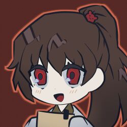 Rule 34 | 1girl, profile picture, bear hair ornament, blush, brown hair, carmen (project moon), coat, coco (556ch0cl8), hair ornament, high ponytail, highres, lab coat, lobotomy corporation, long hair, long sleeves, open mouth, portrait, project moon, red eyes, smile, solo, very long hair, white coat