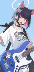 Rule 34 | 1girl, animal ears, black choker, black hair, black jacket, black mask, blue archive, blush, breasts, cat ears, choker, clothes around waist, collarbone, colored inner hair, electric guitar, extra ears, guitar, halo, highres, instrument, jacket, jacket around waist, kazusa (band) (blue archive), kazusa (blue archive), lihua zouxian zhiyin, mask, mask pull, medium breasts, mouth mask, multicolored hair, official alternate costume, open mouth, pink hair, pink halo, pleated skirt, red eyes, shirt, short hair, short sleeves, skirt, solo, white shirt, white skirt