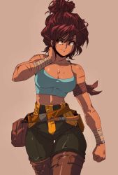Rule 34 | 1990s (style), 1girl, armband, belt, boots, breasts, brown footwear, camisole, cleavage, clenched hand, commentary, dark-skinned female, dark skin, david liu, english commentary, hair bun, highres, making-of available, maria (space maria), medium breasts, midriff, multiple belts, narrow waist, pants, red eyes, red hair, retro artstyle, scar, simple background, single hair bun, solo, space maria, spaghetti strap, stomach, thigh boots, thigh gap, thighhighs, toned, topknot, updo, wrist wrap