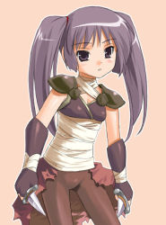 Rule 34 | 1girl, assassin, assassin (ragnarok online), bandages, breasts, cleavage, dual wielding, gloves, holding, knife, purple eyes, purple hair, ragnarok online, short twintails, small breasts, solo, spaulder, twintails, umekichi, weapon