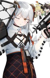 Rule 34 | 3girls, :d, arknights, black hair, black skirt, blonde hair, blurry, blurry background, blush, blush stickers, brown eyes, chibi, commentary, earrings, feather hair, gun, head tilt, highres, holding, holding gun, holding weapon, horns, ifrit (arknights), jewelry, long hair, long sleeves, looking at viewer, multiple girls, one eye closed, open mouth, poyano, saria (arknights), shield, shirt, silence (arknights), silver hair, simple background, skirt, smile, upper body, weapon, white background, white shirt