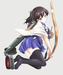 Rule 34 | 10s, 1girl, arrow (projectile), bad id, bad pixiv id, black thighhighs, bow (weapon), breasts, brown hair, fingerless gloves, gloves, highres, japanese clothes, kaga (kancolle), kantai collection, looking at viewer, medium breasts, mobu, muneate, partially fingerless gloves, partly fingerless gloves, personification, short hair, side ponytail, single glove, skirt, solo, thighhighs, weapon, yugake