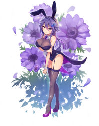 Rule 34 | 1girl, absurdres, anemone (flower knight girl), animal ears, bare shoulders, blush, breasts, cleavage, commentary request, fake animal ears, floral background, flower, flower knight girl, full body, garter straps, hair between eyes, hair ornament, high heels, highres, holding, holding flower, large breasts, leotard, long hair, looking at viewer, piyoyanagi, playboy bunny, purple flower, purple hair, rabbit ears, rabbit tail, solo, tail, thighhighs, translation request, white background, wrist cuffs