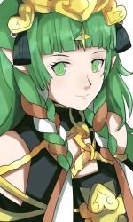 Rule 34 | 1girl, braid, cape, dragon, fire emblem, fire emblem: three houses, gem, green eyes, green hair, jewelry, long hair, looking at viewer, matching hair/eyes, nintendo, nosema, pointy ears, rem (eyes 410), side braid, simple background, smile, solo, sothis (fire emblem), tiara, twin braids, white background