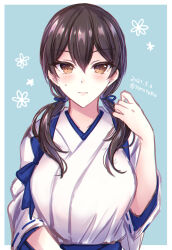 Rule 34 | 1girl, alternate hairstyle, blue ribbon, blush, breasts, brown eyes, brown hair, commentary request, dated, flower (symbol), hair between eyes, hair ribbon, highres, japanese clothes, kabocha torute, kaga (kancolle), kantai collection, kimono, large breasts, long hair, low twintails, ribbon, simple background, solo, tasuki, twintails, twitter username, upper body
