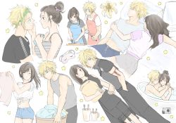 Rule 34 | 1boy, 1girl, apron, armor, bare shoulders, bathing, bathtub, bed, black hair, blonde hair, blue eyes, blush, breasts, brown hair, cloud strife, cooking, couple, crop top, earrings, final fantasy, final fantasy vii, final fantasy vii advent children, flower, hetero, highres, holding hands, hug, hug from behind, jewelry, large breasts, long hair, midriff, multiple views, pillow, ponytail, red eyes, short shorts, shorts, shoulder armor, siqishisan, sleeping, sleepwear, spiked hair, square enix, star (symbol), tank top, tifa lockhart, white background